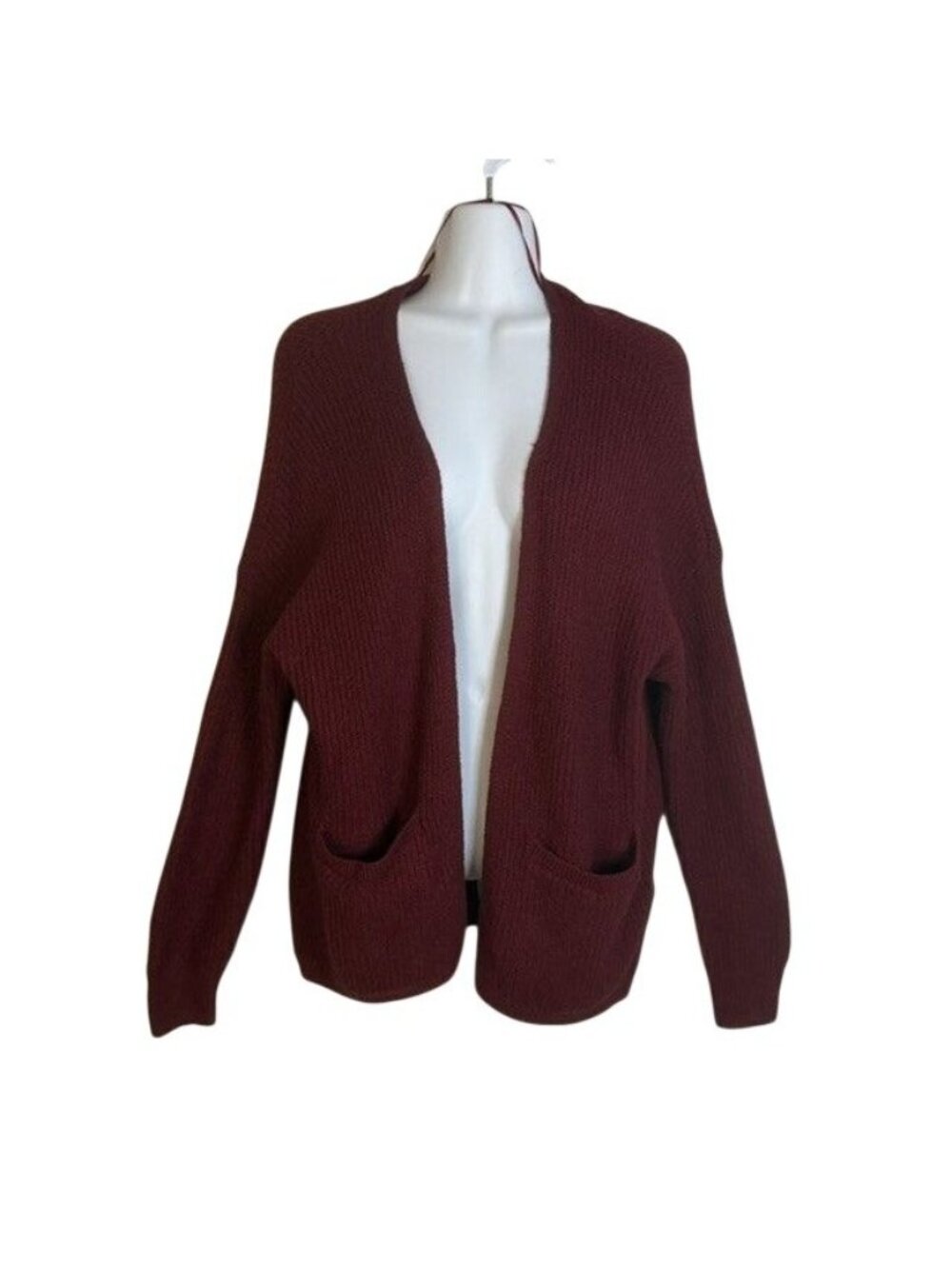 Hollister Deep Burgundy Red Off Shoulder Open Front Cardigan Pockets XS Comfy